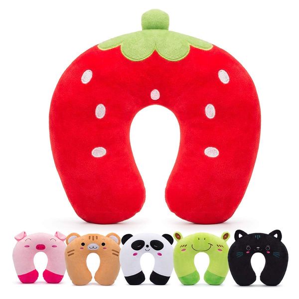 H HOMEWINS Travel Pillow for Kids Toddlers - Soft Neck Head Chin Support Pillow,Cute Animal,Comfortable in Any Sitting Position for Airplane,Car,Train,Machine Washable,Children Gift(Strawberry)