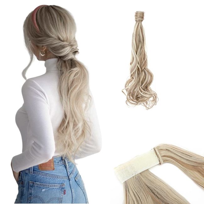 S-noilite 17" Long Curly Wrap around Ponytail Extensions Clip in Ponytail Hair Extensions Hairpiece for Women for Daily Use Sandy Blonde & Bleach Blonde