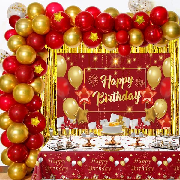 Red and Gold Birthday Decorations for Women Men, 72 Pcs Red Happy Birthday Banner Backdrop For Boys Girls Red Balloons Arch Kit Tablecloth Birthday Confetti Bday Party Supplies Indoors & Outdoors