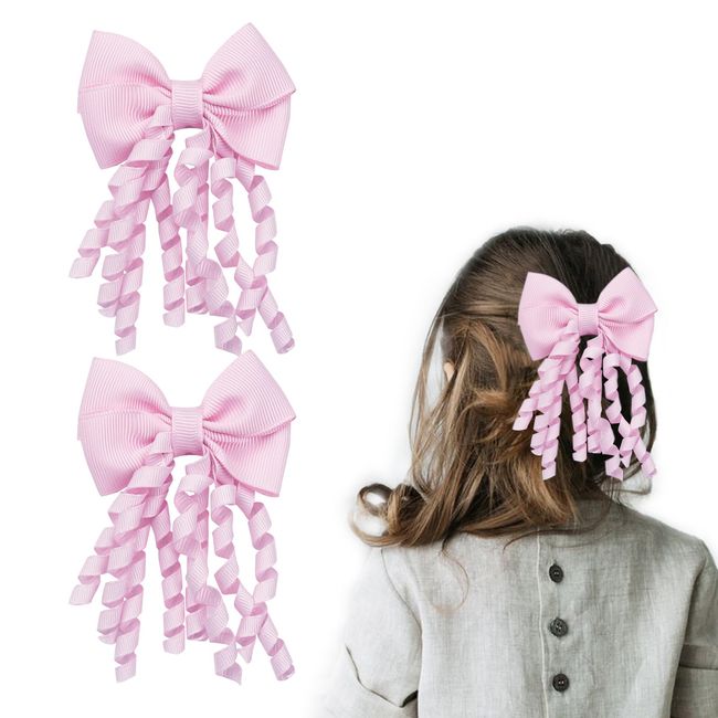 2 Pack Hair Bows for Toddler Girls, Pink Bow Hair Clips Hair Bow Spiral Streamers, School Hair Accessories, Pink