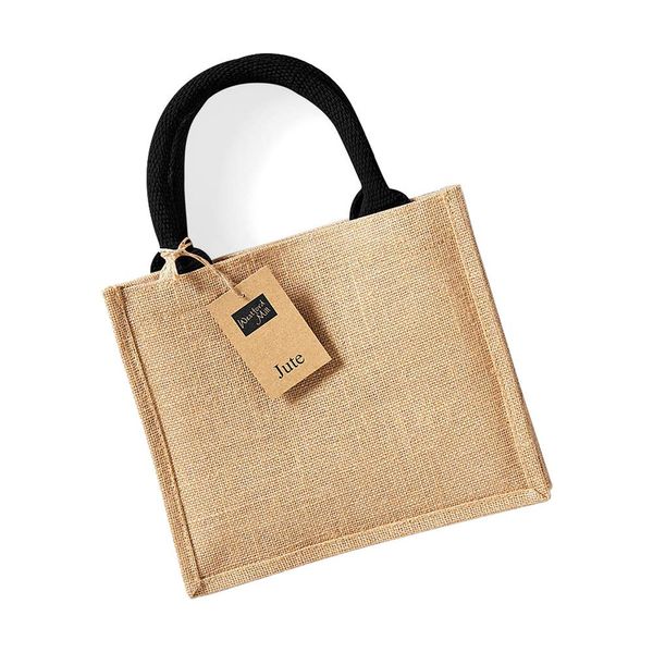 Westford Mill Mini Jute Gift Tote Bag Lunch Present Tote Craft WM412 (Natural/Black)