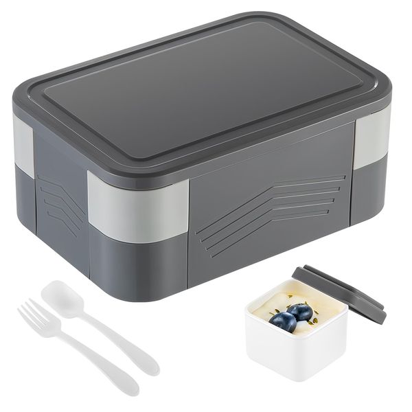 1550ML Double layers Bento Box, Kids Lunch Box with 8 Compartments & Cutlery, Leakproof Bento Container for Adults, BPA Free Plastic Meal Prep Storage Containers, Snack Boxes for Children (Grey)