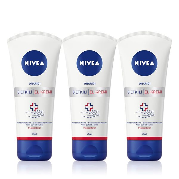 Nivea 3 etkili Onarıcı El kremi,Dekspantenol içeren formül ile 24 saat Onarıcı Bakım,75ml x3