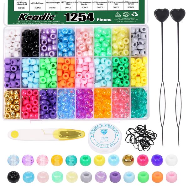 Keadic 1254Pcs 24 Colors Pony Beads for Jewelry Making, 9 mm Rainbow Hair Beads with Bead String, Hair Beader and Rubber Band for Hair Braids Girls Women Gift