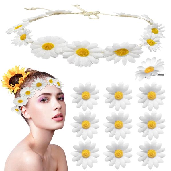 Daisy Flower Headband + 10pcs Daisy Flower Hair Clip Flower Crown Headband Floral Hair Wreath Boho Headpiece Hippy Daisy Head Band Hair Accessories Headbands for Brides Women Girls Wedding Party