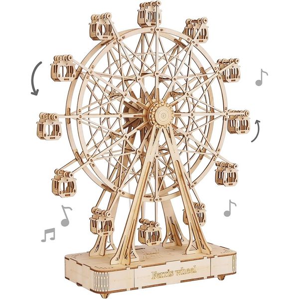 3D Wooden Puzzle Hand Crank Music Box Machinarium Toys Ferris Wheel Wood Color