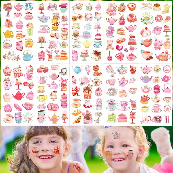 Qpout 20 Sheets/320 Pcs Tea Party Temporary Tattoos Cute Floral Pink Tea Kettle Cupcakes Tea Themed Tattoo Stickers for Kids Girls Partea Birthday Party Supplies, Arts and Crafts, Mother's Day