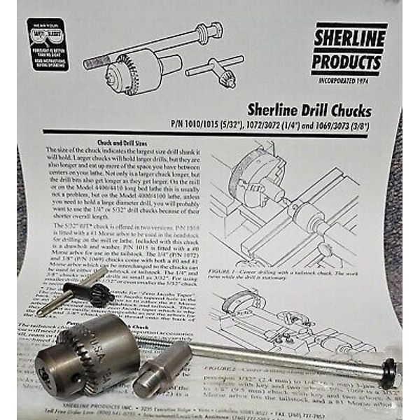 Sherline 3072 Lathe Mill Headstock 1/4" Jacobs USA Mt1 Arbor Drill Chuck Kit