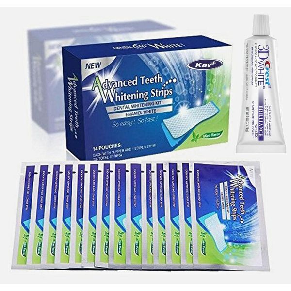 KAV PLUS PROFESSIONAL ADVANCED TEETH WHITENING STRIPS HOME TOOTH BLEACHING WHITENING STRIPS with CREST 3D WHITE BRILLIANCE WHITE TOOTHPASTE (STRIPS NOT MADE BY CREST)