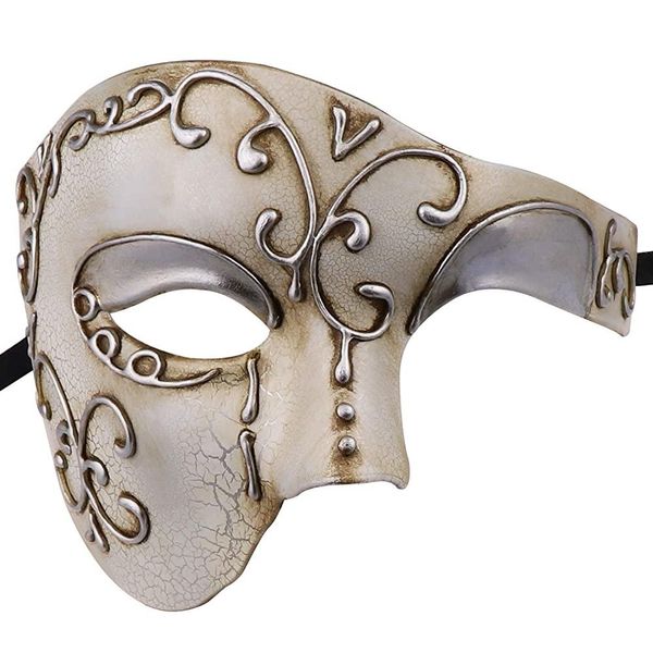 Half Face Men's Phantom of the Opera Vintage Design Venetian Carnival Masquerade Mask (Beige), Beige