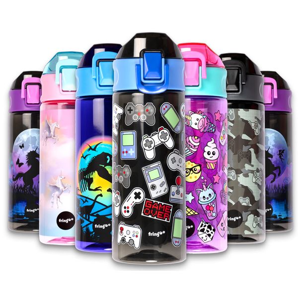 Fringoo - Gamer - Kids Water Bottle - BPA Free Water Bottles - Black Flip Top Water Bottle - Reusable Water Bottle - 600 ml / 20 Oz