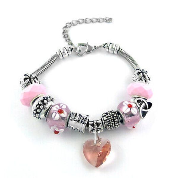 18K White Gold Plated Pink Heart Charm Bracelet Made with Swarovski Elements