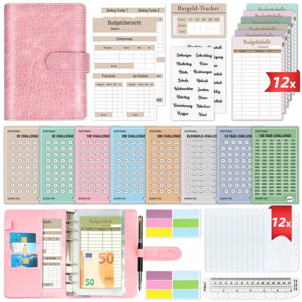 Budget Planner Deutsch - Bugetplaner Deutsch Startset mit 8 Sparchallenges - Finanzplaner Haushaltsbuch - Geld Organizer Sparbuch - Cash Stuffing - Budget Binder A6 Leder - Sparen mit Umschlagmethode