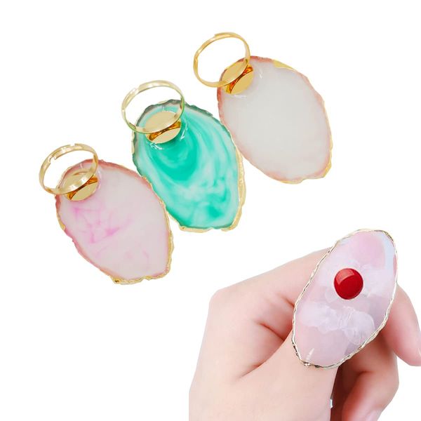 Resin DIY Nail Art Palette, Painting Drawing Color Plate with Adjustable Finger Rings,3pcs Marble Nail Art Palette Ring Gel Polish Mixing Tray Gold Edge Manicure Tool Accessory