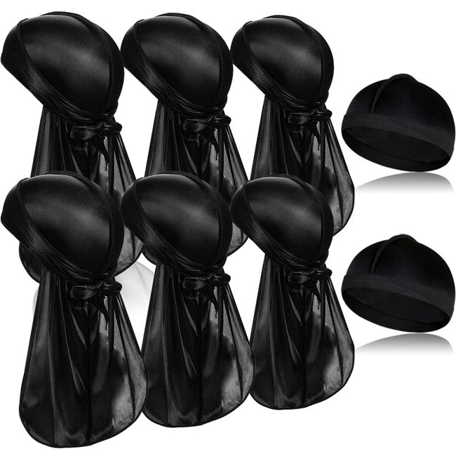 6 Stück schwarze seidige Durags mit langem Schwanz und 2 Stück Satin Wave Cap, Pack Do Lumpen für Männer 360 Waves