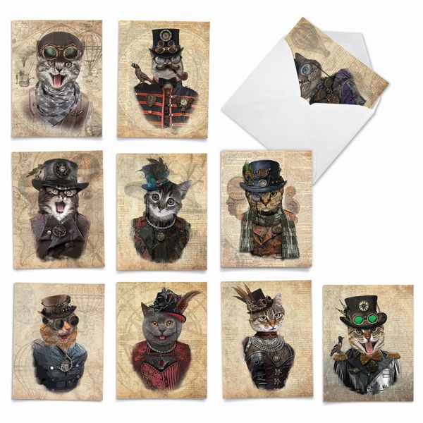 The Best Card Company - 10 Adorable Blank Cat Cards (4 x 5.12 Inch) - Cute Pet Kittens, Assorted Bulk Notecard Set - Steampunk Cats M6554OCB