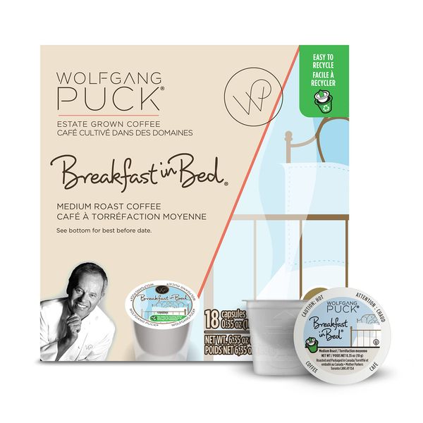 Wolfgang Puck Coffee Single Serve Capsules, Medium Roast, Compatible with Keurig K-Cup Brewers, Breakfast in Bed, 18 Count