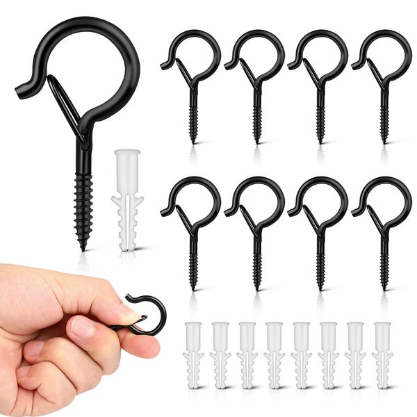 Esteopt Screw-in Hooks, Q-Hanger Hooks, Screw Hooks for Outdoor String Lights Plants, Birdcage, Feeders, Christmas Decor, Mounted on Ceiling or Wall (Black-8pcs)