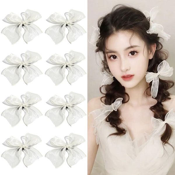 Ahoney 8pcs White Bowknot Hair Ribbon Clips for Girls Women, 3.7" Cute Hair Bows Alligator Hair Clips for Hair Barrettes Accessories Kids Hairpin Wedding Headdress(White)