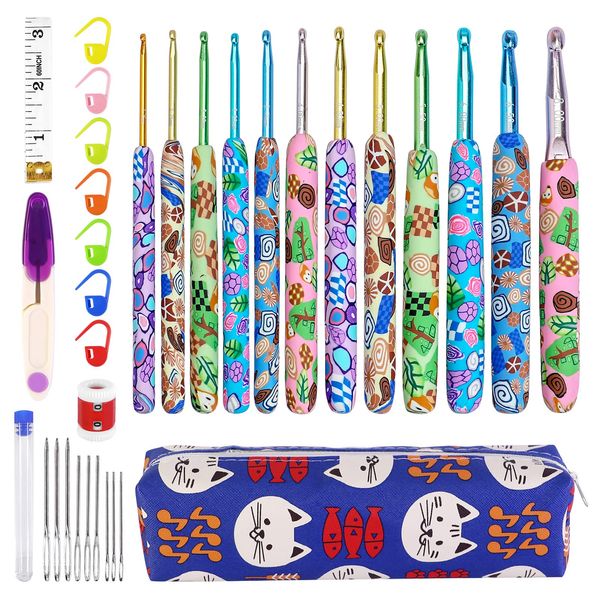 Viaky 36 Pack Crochet Hooks Set, 12 Pcs Soft Pottery Handle Knitting Needles 2.25mm-8.0mm, Colorful Animal Pattern Ergonomic Crochet Kit for Beginner Knitting Lover