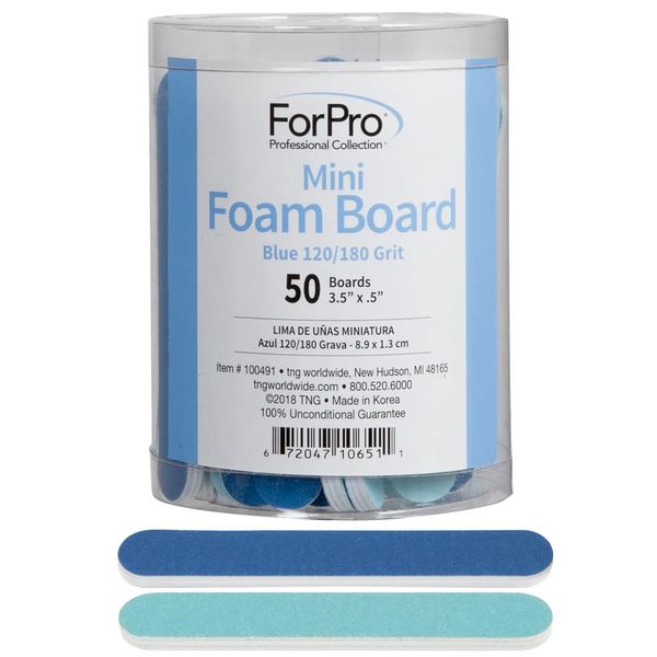 ForPro Mini Foam Board, Blue, 120/180 Grit, Double-Sided Manicure Nail File, 3.5” L x .5” W, 50-Count