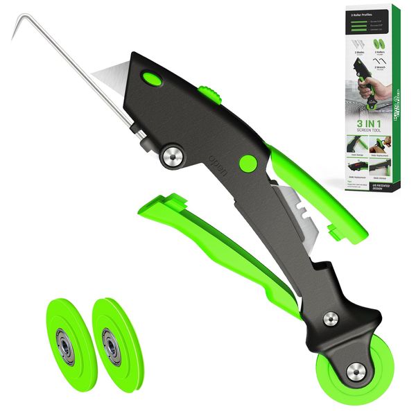 Versatile Screen Roller Tool, 3 in 1 Screen Spline/Repair Tool, Roller+Hook+Trim -3pcs Different Rollers with Bearing,Removal Hook-Foldable, 3pcs Blade-Storage,Replacement for Installing Window Mesh.