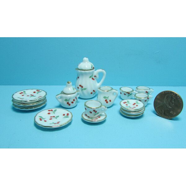 Dollhouse Miniature Dinnerware and Tea Set with Cherry Design 17 Pcs G8468