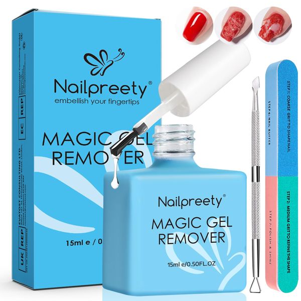 Gel Nail Polish Remover, Effortlessly Removes Gel, Gel Remover for Nails, in 2-4 Minutes, Includes Gel Polish Scrapers and Nail File for Quick and Easy Application, No Foil or Soaking Required, 15ml