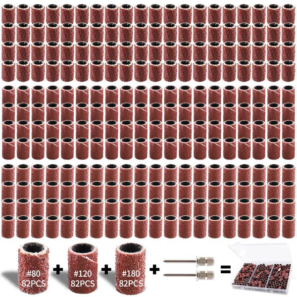 Sruhrak 248 Pieces Drum Sander Set with Free Box，80/120/180 Grits Including 246 Pieces Nail Sanding Band Sleeves and 2 Pieces Drum Mandrels for Dremel Rotary Tool (Red)