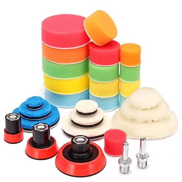 Drill Polishing Pads, 29 pcs Car Polishing Sponge and Pad Set, Wool Polishing Buffing Pad Kit with 2 x M14 Drill Adapters for Buffer/Drill Car Sanding, Polishing, Waxing, Sealing Glaze