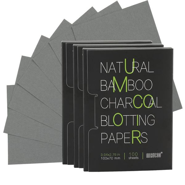 Mirucoo 300 Count Natural Bamboo Charcoal Blotting Papers Organic Facial Oil Absorbing Sheets for Oily Skin Care Daily Oil Control Linen Tissues (100 PCS/PK, 3 PKS)