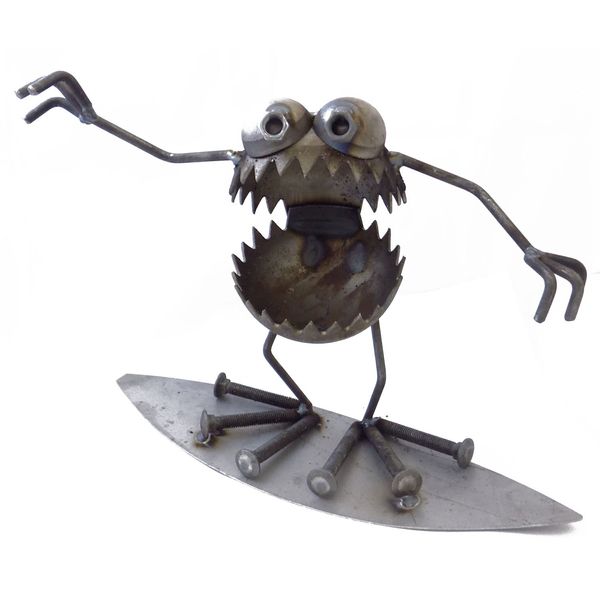 Welded Metal Art Gnome Be Gone Surfer on Surfboard