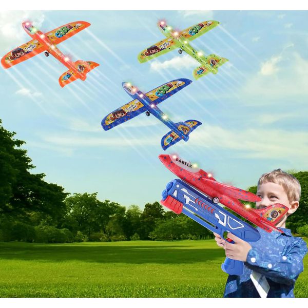 BAREEK 3 Pack Airplane Launcher Toy for Kids Led Light Foam Glider with Plane Launcher for Playing Outdoor Flying Toy for 3 4 5 6 7 8 9 10 11 12 Old Boys Girls Gift and Presents