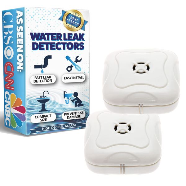 2 Pack Water Leak Detector - 95 dB Flood Detection Alarm Sensor for Bathrooms, Basements, Laundry Rooms, Garages, Attics and Kitchens by Mindful Design (White, 2 Pack)