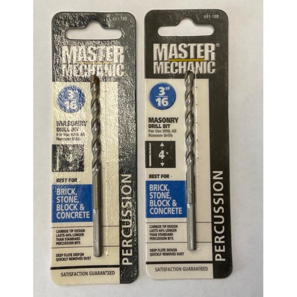 Master Mechanic 691 188 3/16" 4" Carbide Tip Masonry Drill Bit 2pks