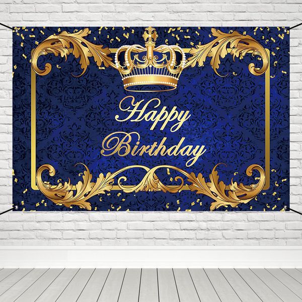 Renaiss 6x3.6ft Happy Birthday Banner Royal Blue Prince Birthday Party Decoration Gold Crown King Theme Birthday Party Supplies Royal Blue and Gold Boys Man Birthday Yard Sign Photography Background