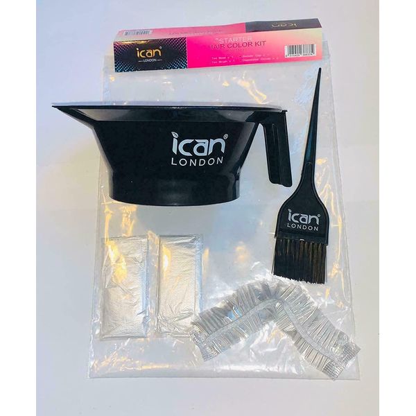 ICAN LONDON HAIR DYE COLORING 4 PIECES KIT BOWL+BRUSH+GLOVE+SHOWER CAP