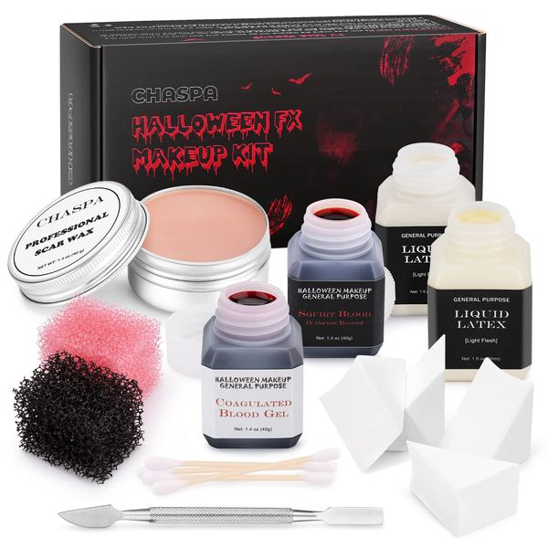 CHASPA Halloween Liquid Latex Special Effects SFX makeup kit for Fake Scar Wound Makeup - Scar Wax + 2 Btl Liquid Latex + 2 Btl Fake Blood + Spatula Tool + 2Pcs Stipple Sponge for Halloween Cosplay