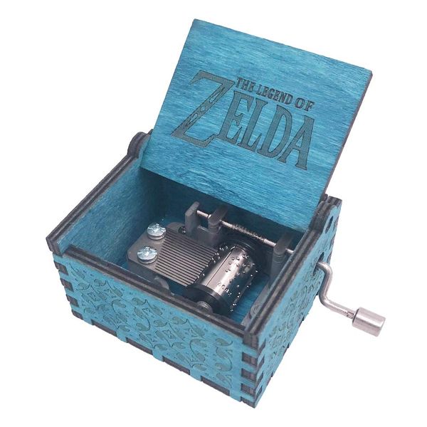Zelda Spieluhr mit Handkurbel, geschnitztes Holz, Spieluhr mit Handkurbel, Zelda Song of Storms from Ocarina of Time, Blau