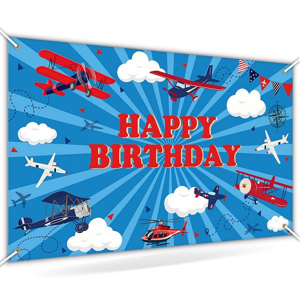 Avezano Airplane Happy Birthday Backdrop for Kids Airplane Birthday Party Decoration Banner Blue Sky Time Flies Theme Aircraft Birthday Party Supplies 70.8 x 43.3 Inch