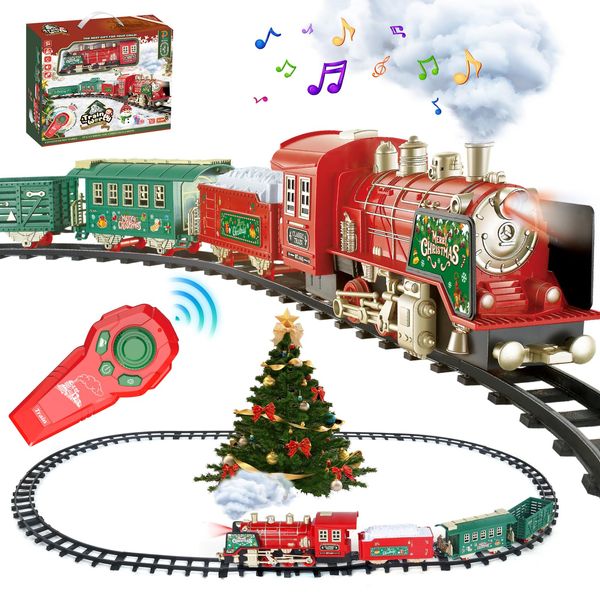 Christmas Train Set - Updated Remote Control Christmas Train Toys w/Smoke, Sounds, Lights, Rechargeable Electric Train for Around Christmas Tree, Train Toys Gifts for 3 4 5 6 7 8+