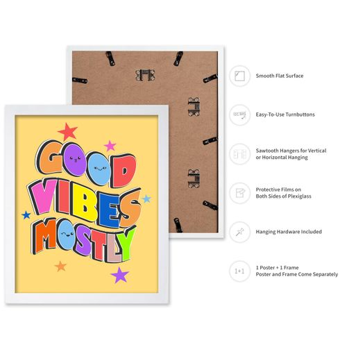 Poster Master Good Vibes Mostly Poster - Good Vibes Print - Typography Art - Modern Art - Funky Art - Groovy Art - Preppy Art - Pop Art - Fun Living Room or Dorm Wall Decor - 11x14 White Framed