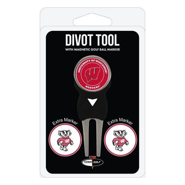 Team Golf NCAA Wisconsin Badgers Divot Tool Pack With 3 Golf Ball Markers Divot Tool with 3 Golf Ball Markers Pack, Markers are Removable Magnetic Double-Sided Enamel