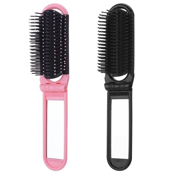 2 Pack Travel Hair Brush, Compact Foldable Combs with Mirror & Round,Tip Nylon Bristles for Men & Women, Portable for Car, Fitness Bag, Wallet, or Locker (style-1)