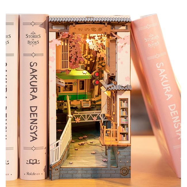 Rolife DIY Booknook Cherry Blossom Train 3D Puzzle Miniature House Kit Bookends Bookends LED Bookshelf Decor Handmade Kit Assembly Wooden Puzzles Wood Craft with Illustration Instructions TGB01