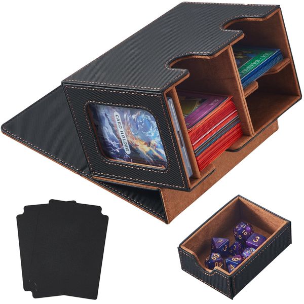 FOTEEMO Deck Box Compatible with Mtg Cards, Prime Card Display Commander Box Magic The Gathering Deck Box Holding 250+ Sleeveless Trading Card Storage Box Card box with Dice Tray (Black&Brown)