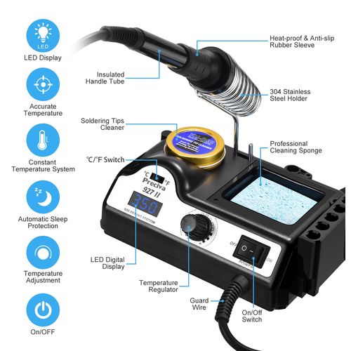 Preciva Soldering Iron Station, 60W Professional Digital Soldering Station, 90-480℃ Temperature Adjustable Repair Tool Kit with Soldering Tips, Solder Wire and Frame, Sponge, Suction Device, etc.