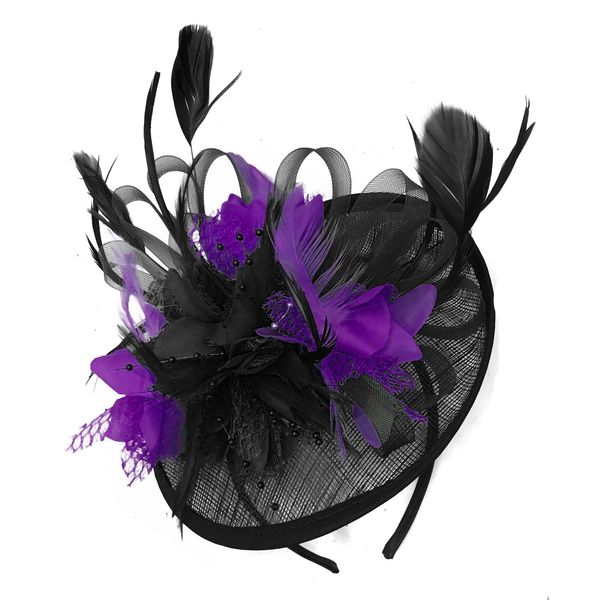 Black and Purple Sinamay Disc Saucer Fascinator Hat for Women Weddings Bird Cage Veil Headband