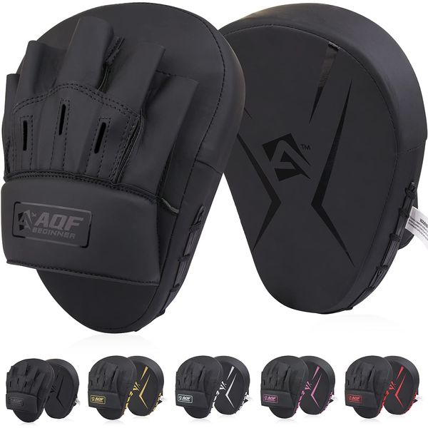 AQF Boxing Pads for Training - Punching Pads Muay Thai Rex Leather Curved Boxing Mitts for MMA, Kickboxing, Karate, Sparring & Martial Arts Pads (Black)