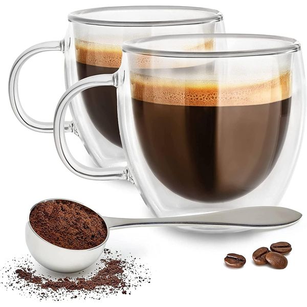 GlassTone Double Walled Glass Mugs - Coffee Cups - Set of 2 Glass Coffee Mugs Glass Cups Cappucino Cups Coffee Glasses - 250ml